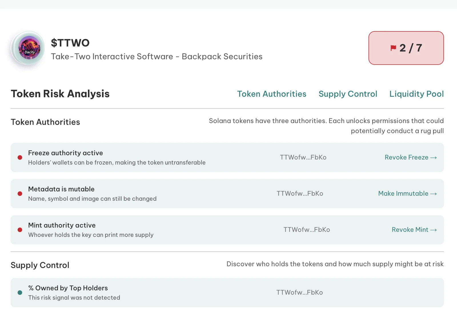 Smithii Solana rug check for TTWO showing active freeze, metadata, and mint authorities