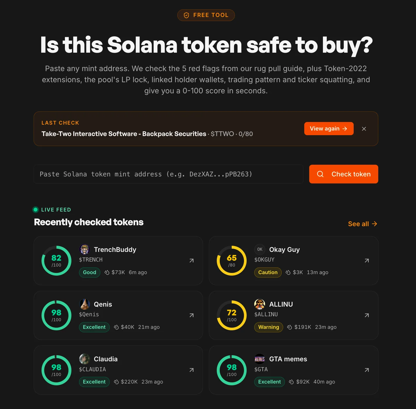 SolFoundry free Solana rug checker with its live feed of recently checked tokens