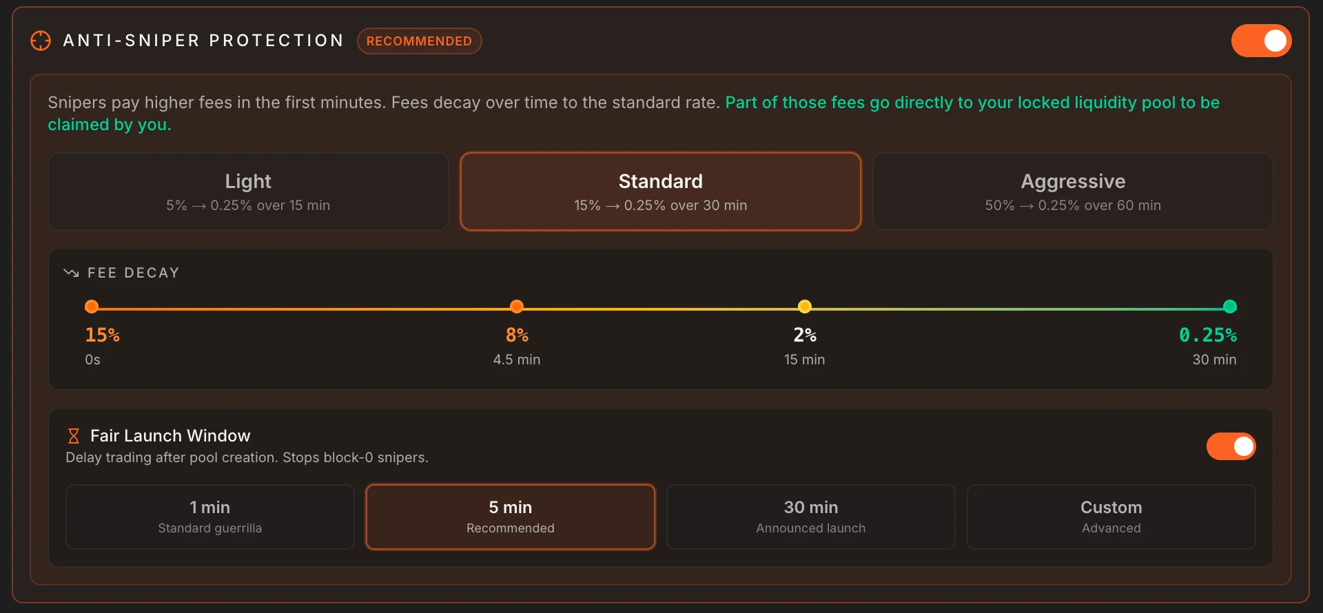 SolFoundry launch flow with Anti-Sniper Protection and Fair Launch Window both enabled