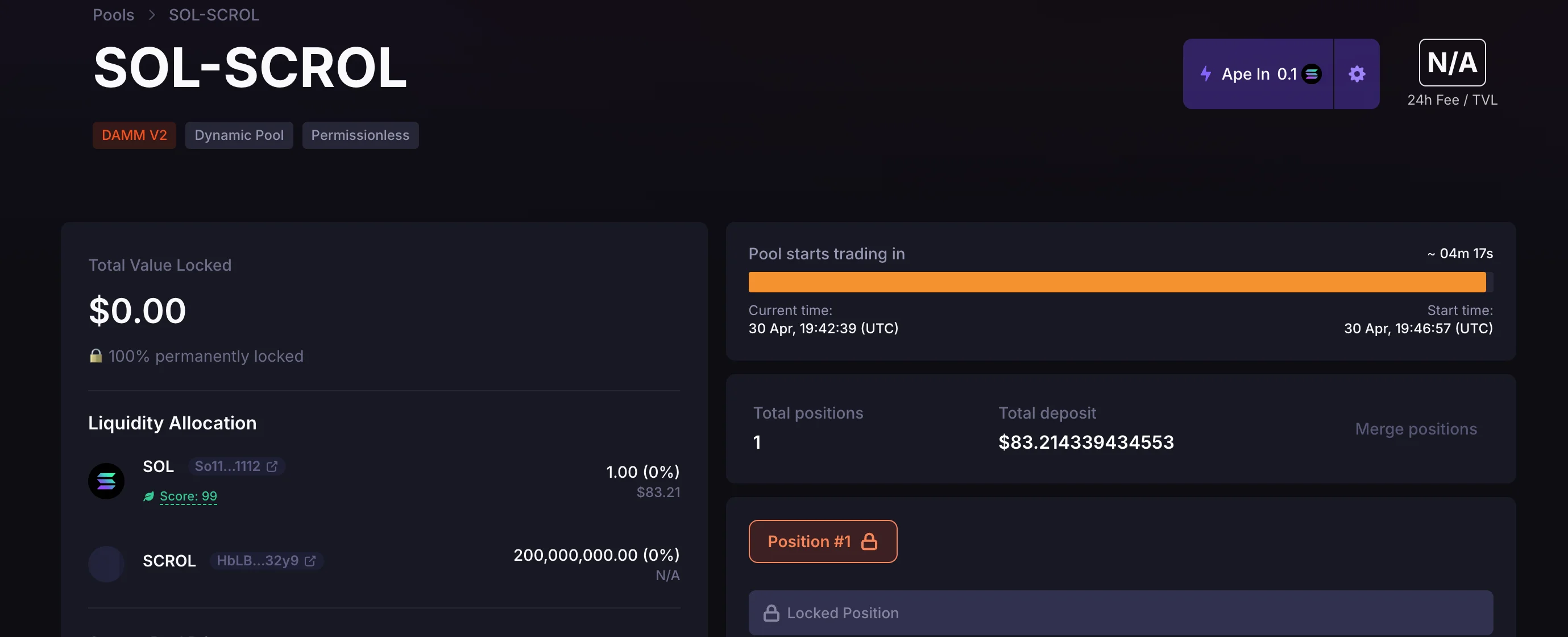 Meteora pool page showing the trading countdown for a SolFoundry-launched pool