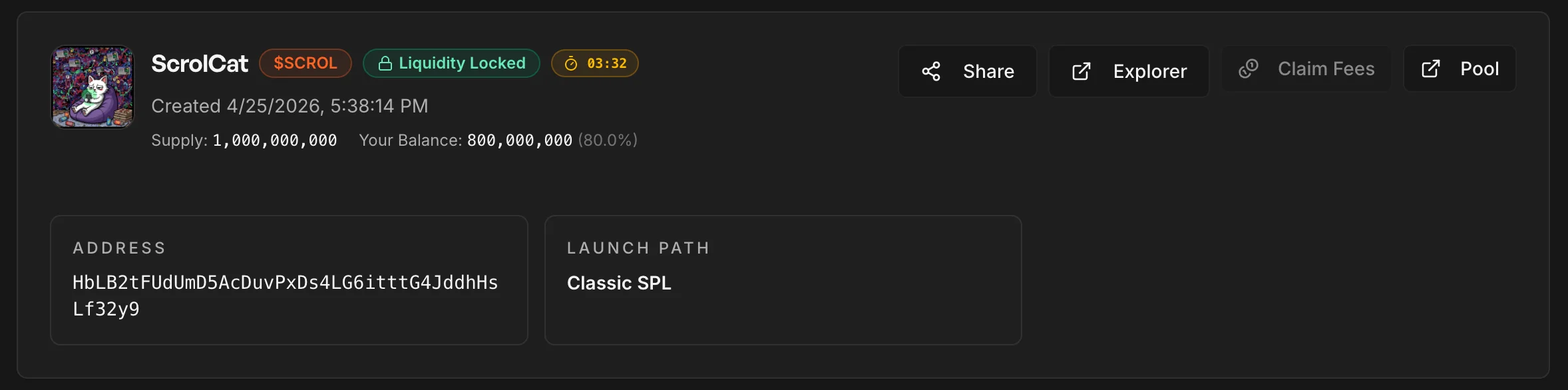 Profile launch card with compact countdown badge next to the liquidity locked badge