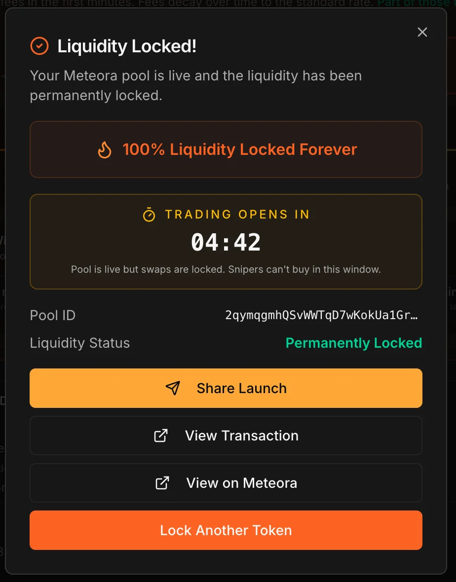 Liquidity Locked success modal with the live trading countdown