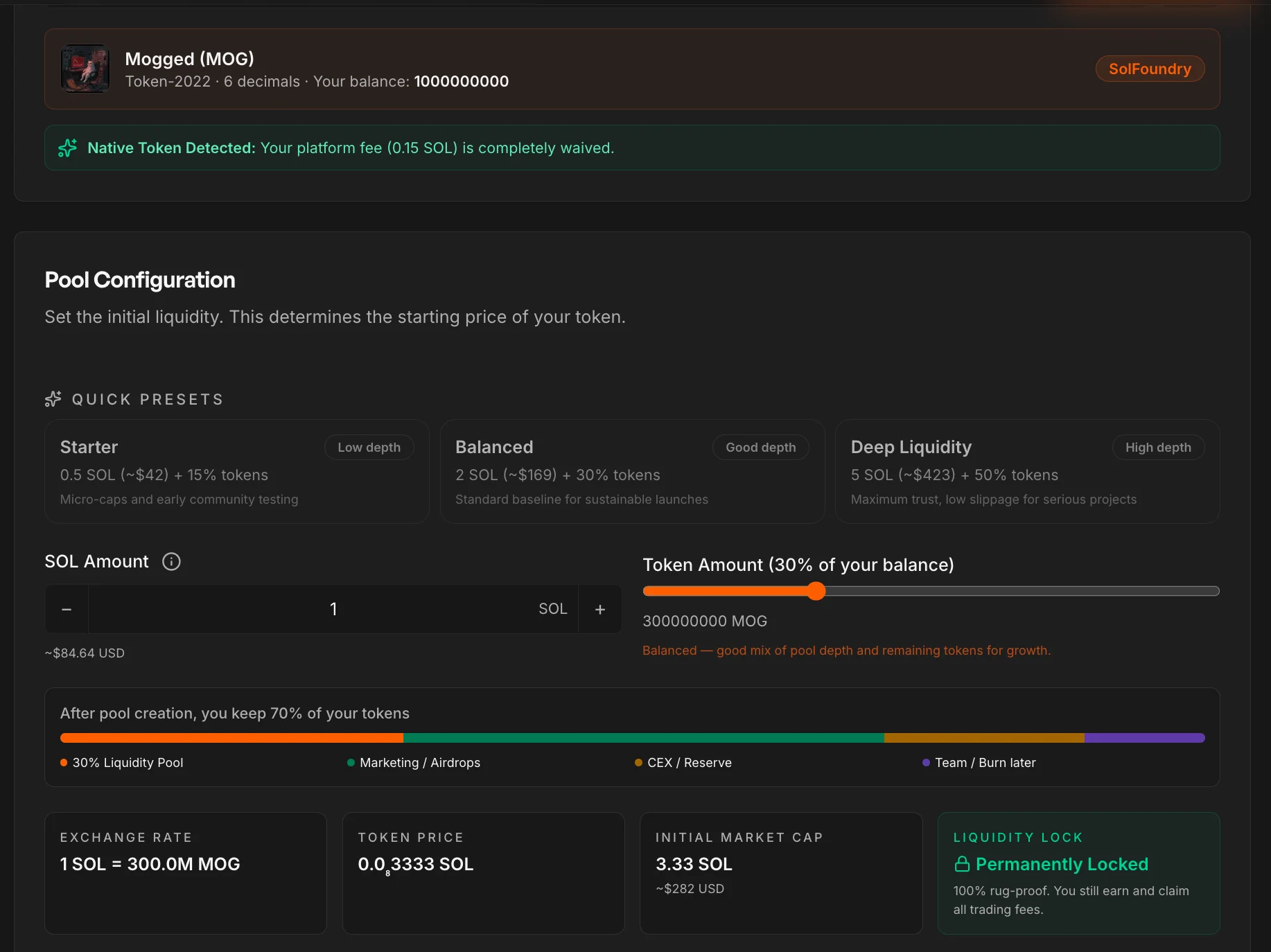 SolFoundry Pool Configuration screen with Starter, Balanced, and Deep Liquidity presets and live initial market cap calculation