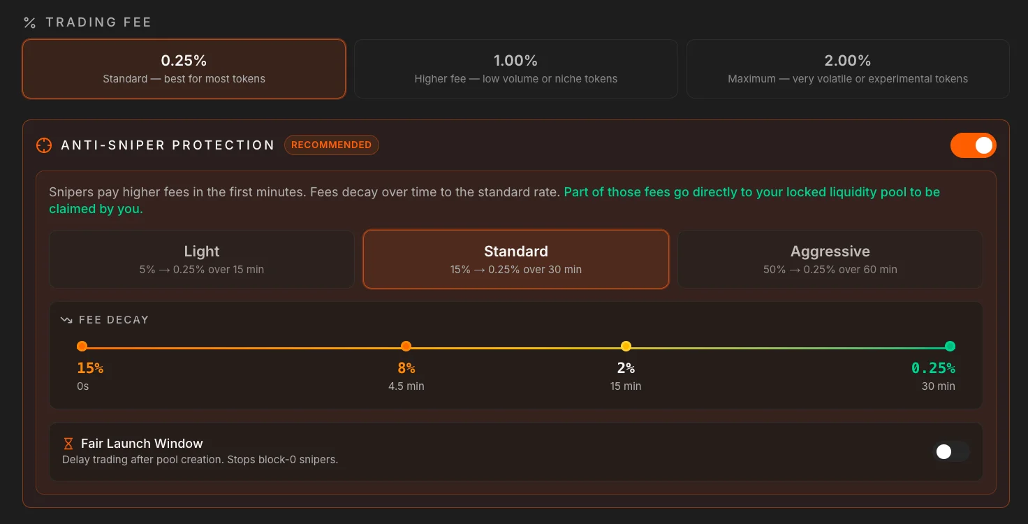 Anti-sniper presets (Light, Standard, Aggressive) with a fee-decay timeline from 15% to 0.25% over 30 minutes