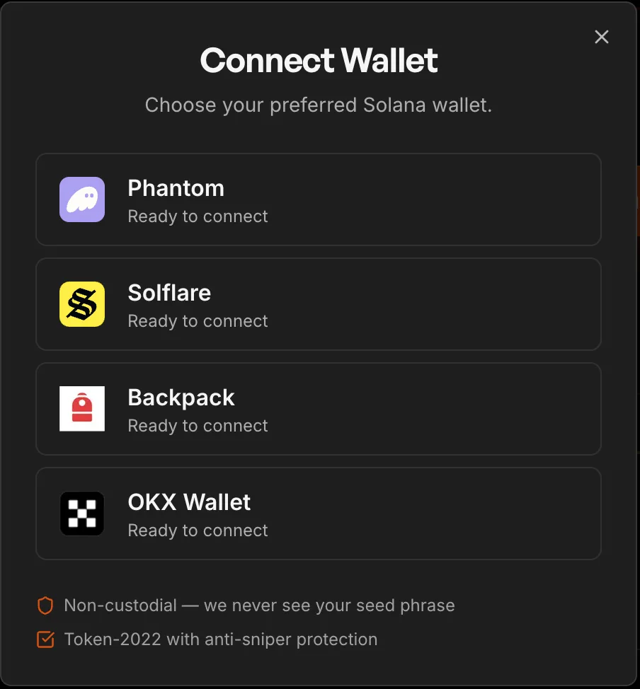 SolFoundry Connect Wallet modal showing Phantom, Solflare, Backpack, and OKX Wallet options with detected wallets listed first