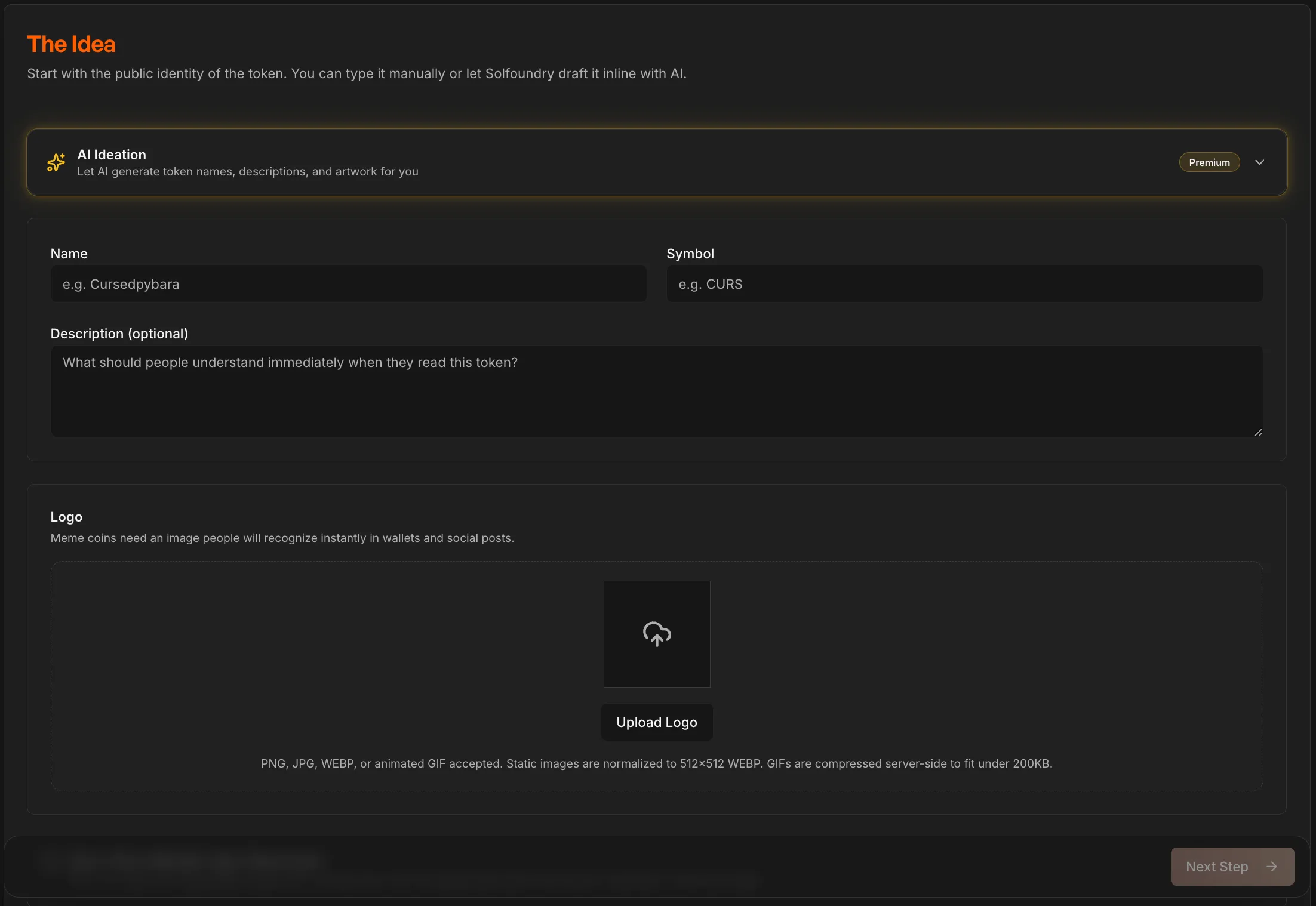SolFoundry Quick Launch step 1 showing token identity form with name, symbol, supply, and image upload fields