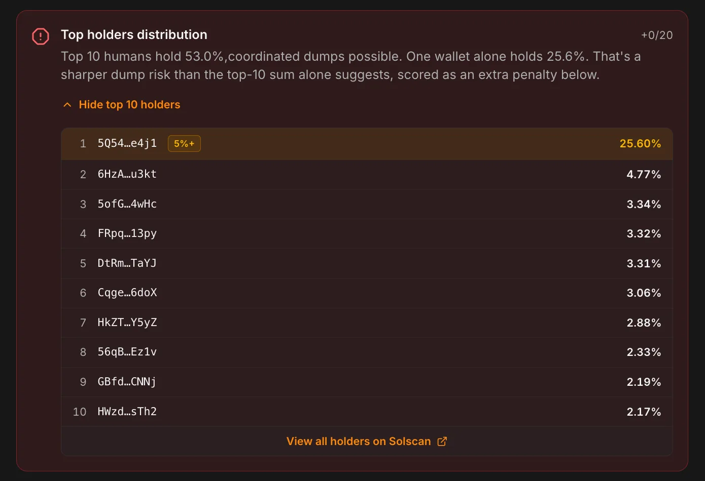 Holders breakdown for the same token showing 53% top-10 concentration with one individual wallet holding 25.6% of total supply on its own