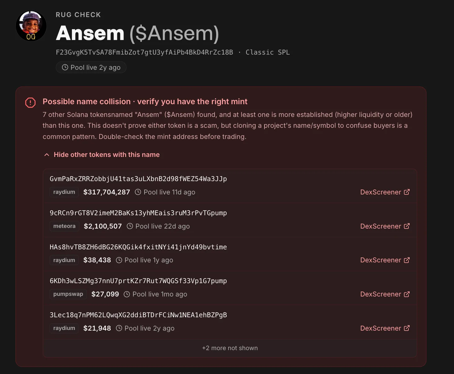 Name collision banner listing multiple other tokens sharing the same symbol as the checked token, with liquidity and age for each