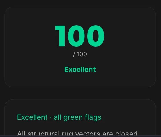 Rug-check score card showing a 100 out of 100 Excellent verdict, the score that started this investigation