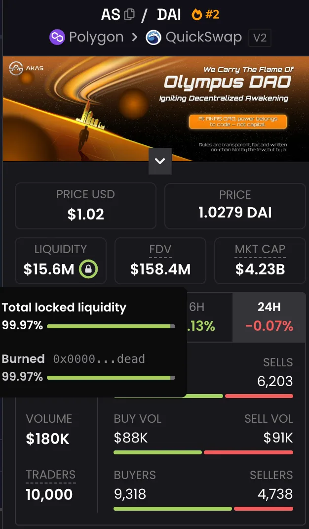 DexScreener showing a green locked-liquidity badge buyers look for